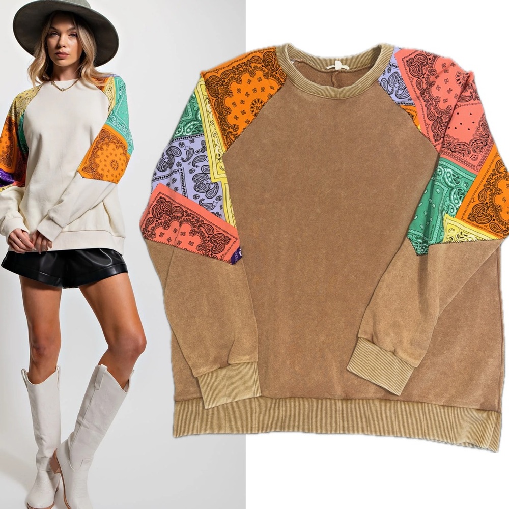 Easel Paisley Patchwork Camel Sweatshirt for Women - SIZE LARGE